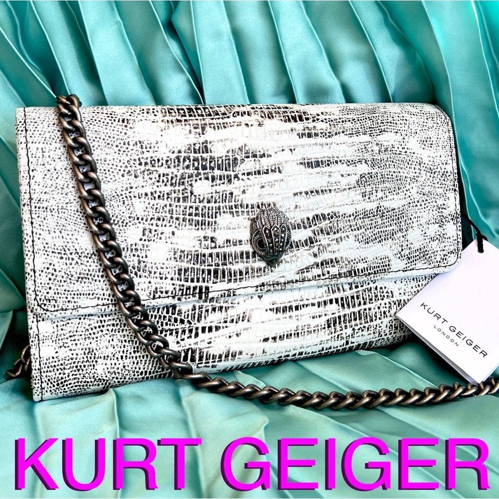C KURT GEIGER NWT Kensington wallet clutch on chain white lizard print